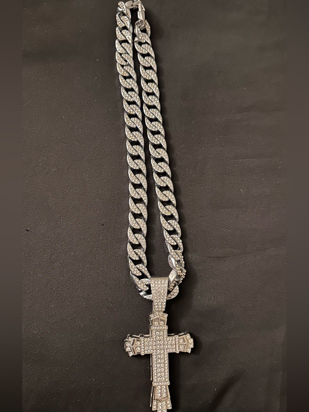 Silver-Tone Cuban Chain Necklace with Pave Cross Pendant